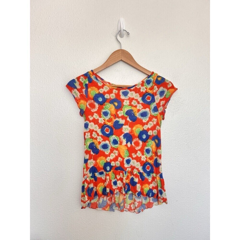Anthropologie High-Low Poppy Ruffle Top Cap Sleeves Abstract Art to Wear S